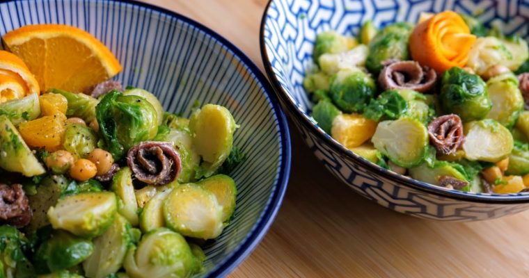 Orange chickpeas Brussell sprouts salad